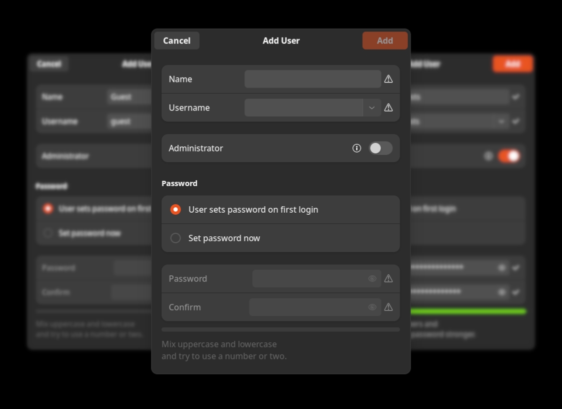 A screenshot of Linux ubuntu v24, displaying the add user pop-up in the users section of system settings